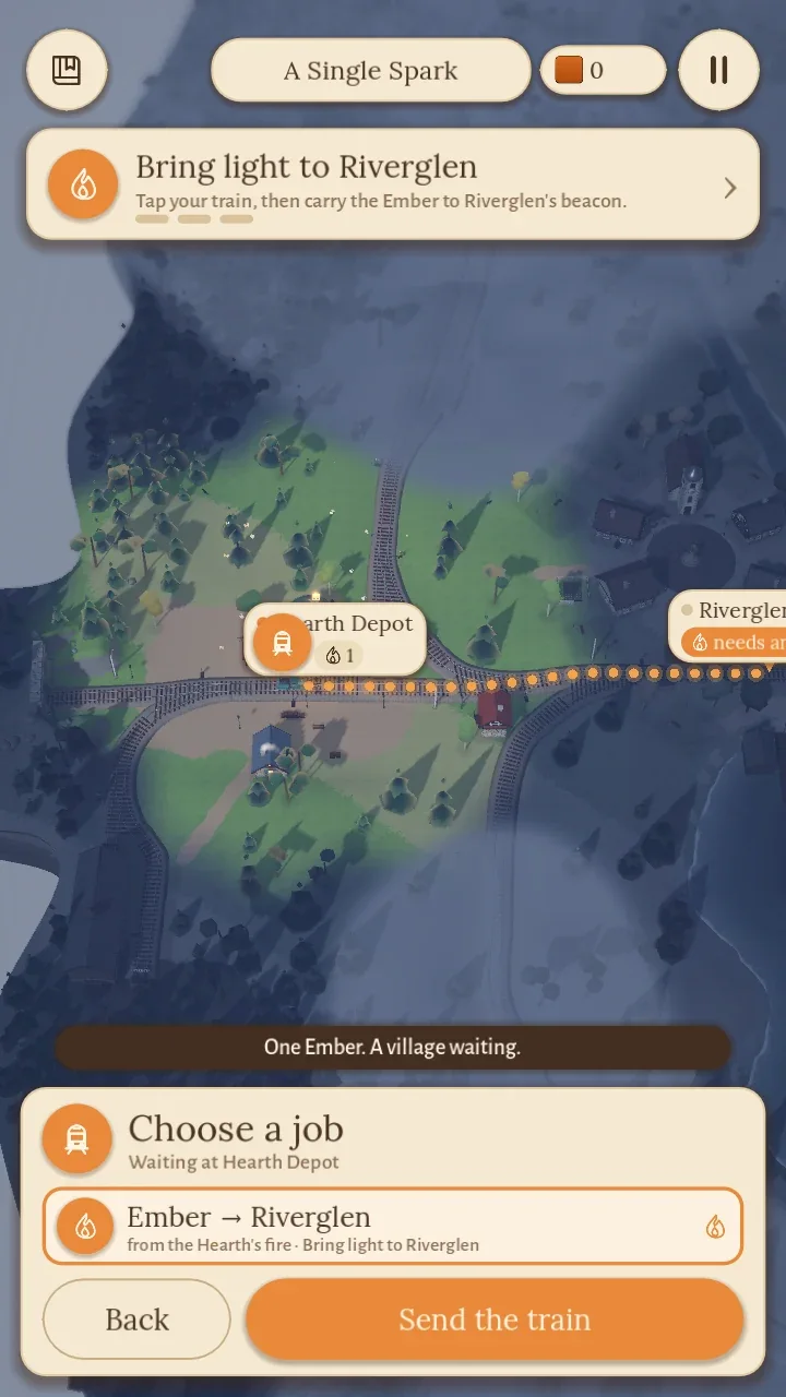The job sheet offering one job, an Ember to Riverglen, with its way drawn on the map in glowing dots.