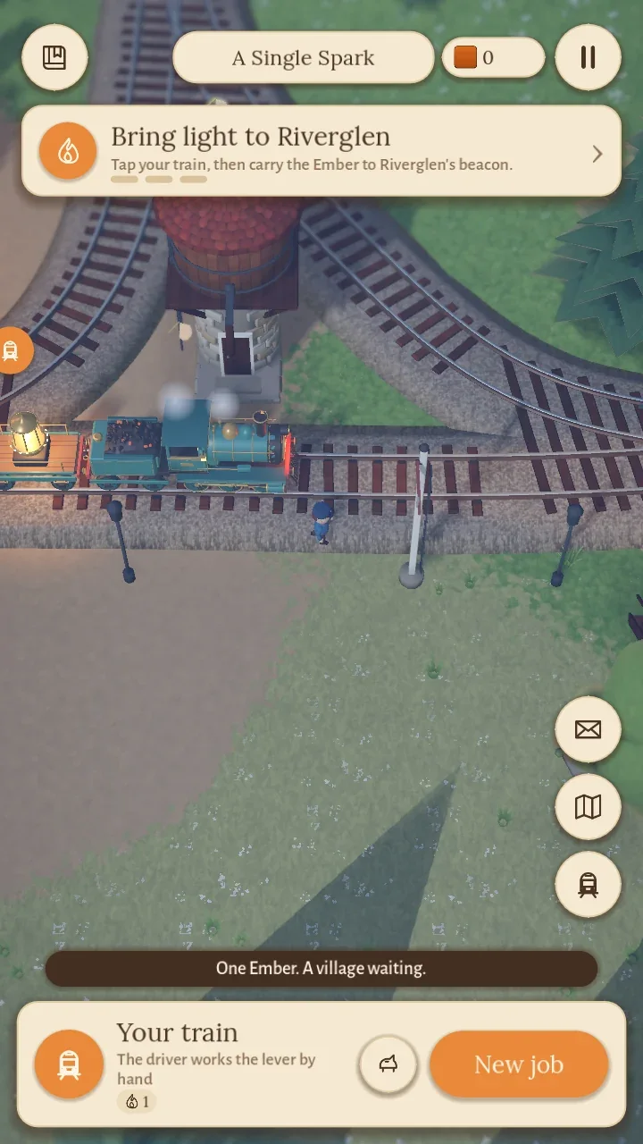 The train waiting at a signal while the driver stands beside the line, working the lever by hand.