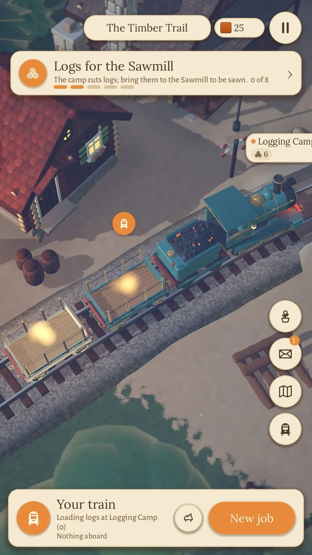 Two stake wagons forming out of ember glass behind the engine at the Logging Camp.
