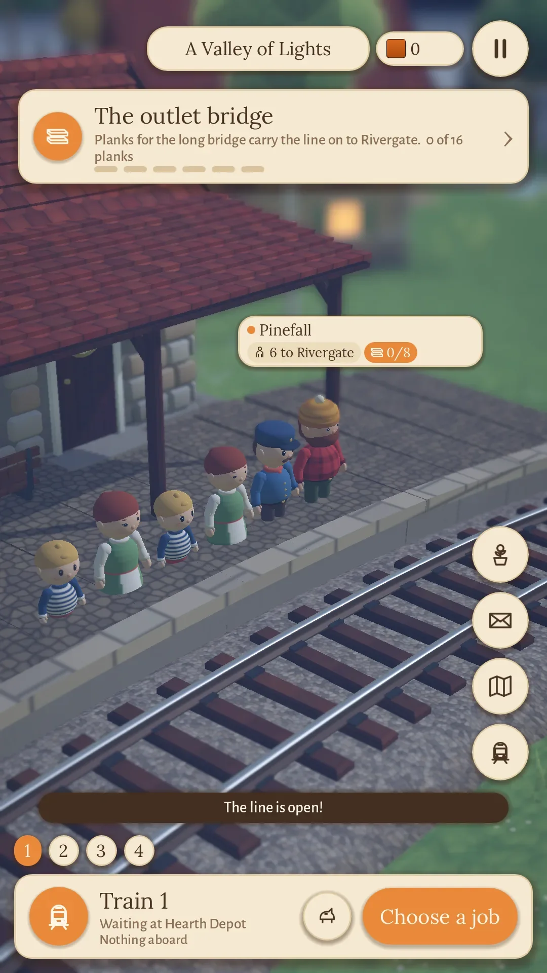 Villagers waiting on the platform at Pinefall under a tag that reads "6 to Rivergate".