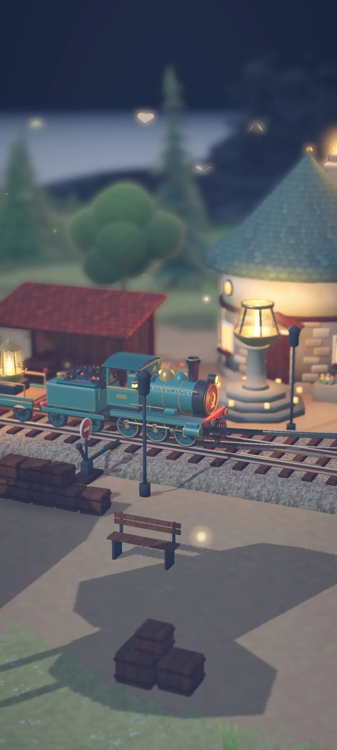 The train waiting at the Hearth at night